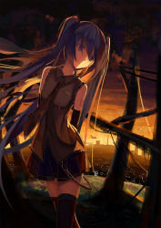 Rule 34 | 1girl, bird, cityscape, detached sleeves, hatsune miku, highres, long hair, necktie, skirt, solo, sunset, thighhighs, tianya beiming, twintails, very long hair, vocaloid