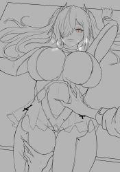 Rule 34 | 1boy, 1girl, absurdres, arm up, blush, bodysuit, breasts, cinderella (nikke), cleavage, cleavage cutout, clothing cutout, crayl, deep skin, embarrassed, gluteal fold, goddess of victory: nikke, greyscale, hair between eyes, hair over one eye, hand on another&#039;s shoulder, hand on another&#039;s thigh, headgear, heavy breathing, highres, hip vent, huge breasts, long hair, long sleeves, looking at viewer, lying, monochrome, navel cutout, on back, one eye covered, red eyes, see-through, see-through skirt, skirt, spot color, thigh gap, twintails, unfinished