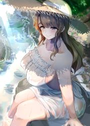 Rule 34 | 1girl, 96nokimihito, absurdres, backless dress, backless outfit, bare shoulders, blurry, blush, breasts, brown hair, collarbone, covered erect nipples, depth of field, dress, halter dress, halterneck, hat, highres, idolmaster, idolmaster million live!, large breasts, looking at viewer, miyao miya, no bra, off shoulder, rock, see-through, see-through dress, sideboob, sitting, sitting on rock, skin tight, smirk, soaking feet, solo, straw hat, stream, sundress, thick eyebrows, thighs, water drop, wet, wet clothes, wet dress, white dress