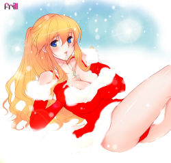Rule 34 | 1girl, akiyama cindy, blonde hair, blue eyes, blush, breast suppress, breasts, chikan senyou sharyou, christmas, cleavage, cross, dress, elbow gloves, frills, gloves, gradient hair, jewelry, koizumi amane, large breasts, latin cross, long hair, lying, mouth hold, multicolored hair, necklace, on back, orange hair, panties, pantyshot, red gloves, red panties, santa costume, snow, snowing, solo, thighs, underwear