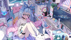 1girl anal_beads animal_slippers bags_under_eyes bandaged_leg bandages bandaid bandaid_on_knee bandaid_on_leg bilingual_commentary black-framed_eyewear black_choker blue_bow blue_eyes blue_hair blue_panties blunt_bangs blush bow can cardigan chair choker collarbone commentary commission computer computer_keyboard computer_mouse controller desk dildo drink_can dualsense energy_drink english_commentary game_controller gaming_chair glasses gradient_hair hair_bow headphones highres indoors knees_up liclac long_sleeves looking_at_viewer mixed-language_commentary monitor multicolored_hair nintendo_switch no_pants off_shoulder open_mouth original panties pantyshot pink_cardigan plant playstation_controller potted_plant purple_hair pussy_juice remote_control_vibrator sex_toy shirt short_hair signature sitting sleeves_past_fingers sleeves_past_wrists slippers soda_can solo swivel_chair underwear vibrator vibrator_cord vibrator_in_thigh_strap vibrator_under_clothes vibrator_under_panties white_shirt window