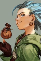 Rule 34 | 1girl, blue eyes, brown gloves, earrings, fingerless gloves, gloves, green background, green hair, green jacket, hand up, hungry clicker, jacket, jewelry, male focus, necklace, open mouth, original, short hair, simple background, solo, spiked hair