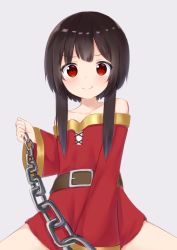 Rule 34 | 1girl, bare shoulders, belt, black hair, blush, brown belt, chain, chain leash, collarbone, commentary request, dress, femdom, highres, holding, holding chain, kanekan, kono subarashii sekai ni shukufuku wo!, leash, looking at viewer, megumin, pov, red dress, red eyes, short hair with long locks, sidelocks, simple background, smile, solo, viewer on leash, white background