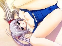 Rule 34 | 00s, 1girl, blue eyes, blush, breasts, cameltoe, clothes pull, dutch angle, game cg, large breasts, long hair, lying, name tag, nipples, nishimata aoi, on back, one-piece swimsuit, one-piece swimsuit pull, open mouth, panties, primula, pussy juice, school swimsuit, shuffle!, silver hair, solo, spread legs, swimsuit, twintails, underwear, wet