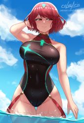 Rule 34 | 1girl, black one-piece swimsuit, breasts, chest jewel, competition swimsuit, cslucaris, earrings, jewelry, large breasts, one-piece swimsuit, pyra (pro swimmer) (xenoblade), pyra (xenoblade), red eyes, red hair, red one-piece swimsuit, red shorts, shorts, solo, swept bangs, swimsuit, thighs, tiara, two-tone swimsuit, xenoblade chronicles (series), xenoblade chronicles 2