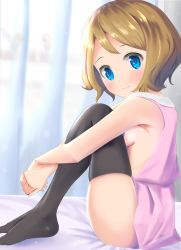 Rule 34 | 1girl, absurdres, bare shoulders, bed sheet, black thighhighs, blue eyes, blush, breasts, brown hair, closed mouth, commentary, creatures (company), crossed wrists, eyelashes, game freak, highres, indoors, looking at viewer, nintendo, no bra, pan korokorosuke, pokemon, pokemon (anime), pokemon xy (anime), serena (pokemon), short hair, sitting, sleeveless, smile, solo, thighhighs