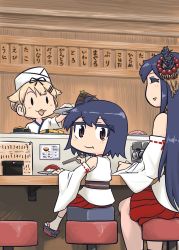 Rule 34 | 3girls, :3, :d, ^ ^, aged down, alternate costume, bamboo shoot, black hair, blush stickers, bow, brown eyes, chair, chef, chef hat, chopsticks, closed eyes, commentary request, detached sleeves, eating, food, fusou (kancolle), hair bow, hair flaps, hair ornament, hair ribbon, hairclip, hat, holding, kantai collection, light brown hair, long hair, looking at viewer, multiple girls, nontraditional miko, open mouth, remodel (kantai collection), ribbon, seiran (mousouchiku), short hair, sitting, smile, solid oval eyes, sushi, translation request, yamashiro (kancolle), yuudachi (kancolle)