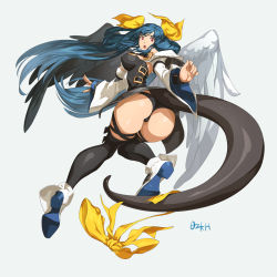 Rule 34 | 1girl, angel wings, ankle boots, artist name, ass, asymmetrical wings, back, black panties, black thighhighs, blue hair, boots, bow, breasts, cameltoe, dizzy (guilty gear), grey background, guilty gear, guilty gear xrd, hair bow, hair rings, high heel boots, high heels, highres, large breasts, long hair, looking back, open mouth, ozkh, panties, red eyes, ribbon, shoe soles, shoes, simple background, skindentation, tail, tail ornament, tail ribbon, thick thighs, thigh strap, thighhighs, thighs, twintails, underwear, wide sleeves, wings, yellow bow