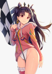 Rule 34 | 1girl, between legs, black hair, checkered flag, commentary request, cowboy shot, crown, earrings, fate/grand order, fate (series), flag, frilled thighhighs, frills, fur trim, hair ribbon, hand up, highleg, highleg swimsuit, highres, holding, holding flag, hood, hoodie, hoop earrings, ishtar (fate), ishtar (swimsuit rider) (fate), jewelry, light smile, looking at viewer, one-piece swimsuit, parted bangs, pink thighhighs, red eyes, revision, ribbon, single thighhigh, solo, swimsuit, swimsuit under clothes, thighhighs, thighs, two side up, white one-piece swimsuit, yan (nicknikg)