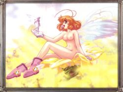 Rule 34 | 1990s (style), 1girl, ankle boots, antenna hair, arm support, blonde hair, boots, breasts, brown eyes, cleavage, corrector yui, fairy, fairy wings, female focus, full body, gloves, gradient background, happy, kasuga yui, medium breasts, medium hair, mini person, minigirl, nipples, nude, orange hair, pink footwear, retro artstyle, solo, standing, tagme, white gloves, wings