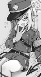 Rule 34 | 1girl, belt, blue archive, blush, demon tail, earrings, fang, feet out of frame, gloves, greyscale, hair between eyes, halo, hat, heart, nozomi (blue archive), highres, izuoku, jacket, jewelry, long hair, long sleeves, looking at viewer, monochrome, open mouth, peaked cap, pointy ears, shorts, single earring, skin fang, smile, solo, tail, twintails