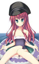 Rule 34 | 10s, 1girl, bare shoulders, black one-piece swimsuit, dies irae, flat chest, green eyes, hat, long hair, one-piece swimsuit, outdoors, peaked cap, pink hair, rusalka schwagerin, school swimsuit, shimakaze (soundz of bell), shinza bansho series, smile, solo, strap slip, swimsuit, water