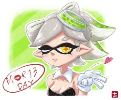 Rule 34 | 1girl, bare shoulders, blowing kiss, breasts, cleavage, collarbone, detached collar, earrings, gloves, gradient hair, green hair, hair rings, hand up, heart, inkling, jewelry, lips, lipstick mark, looking at viewer, marie (splatoon), medium breasts, mole, mole under eye, multicolored hair, namuro, nintendo, object on head, one eye closed, parted lips, pink lips, pointy ears, silver hair, solo, splatoon (series), splatoon 1, strapless, suction cups, tentacle hair, two-tone hair, upper body, white gloves, yellow eyes