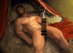 Rule 34 | 1boy, abs, absurdres, bar censor, bara, beard, bed, blush, cape, unworn cape, censored, completely nude, cum, dark skin, dark-skinned male, ejaculation, erection, facial hair, fate/grand order, fate/zero, fate (series), feet out of frame, fur-trimmed cape, fur trim, gluteal fold, highres, iskandar (fate), large pectorals, large penis, lying, male focus, muscular, navel, nipples, nude, on back, on bed, pectorals, penis, pillow, projectile cum, red cape, red eyes, red hair, short hair, sleeping, solo, thick thighs, thighs, treesiming, veins
