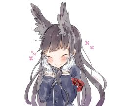 Rule 34 | 1girl, animal ears, armband, azur lane, blue jacket, blush, brown hair, closed eyes, closed mouth, commentary, facing viewer, gloves, hands on own cheeks, hands on own face, hands up, highres, jacket, long hair, long sleeves, mochii, myoukou (azur lane), romaji text, signature, smile, solo, upper body, white gloves
