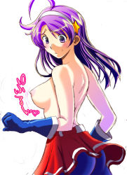 Rule 34 | 1girl, ahoge, asamiya athena, ass, back, bad id, bad pixiv id, blue gloves, blush, breasts, clenched hand, cowboy shot, elbow gloves, flipped hair, from side, gloves, hair ornament, hairband, heart, ken maru, long hair, looking back, looking down, medium breasts, miniskirt, motion lines, nipples, pleated skirt, purple eyes, purple hair, simple background, sketch, skirt, solo, spandex, spoken heart, star (symbol), star hair ornament, sweatdrop, the king of fighters, topless, white background, wind, wind lift