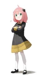 Rule 34 | 1girl, ahoge, anya (spy x family), artist name, black dress, black footwear, child, closed mouth, collared shirt, commentary, crossed arms, dress, eden academy school uniform, english commentary, full body, gold trim, green eyes, hairpods, highres, kongarisalmon, looking at viewer, medium dress, mixed-language commentary, pink hair, school uniform, shirt, short hair, smile, socks, solo, spy x family, white shirt, white socks