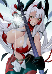 Rule 34 | 1girl, armor, armored dress, bare shoulders, black gloves, black legwear, blush, breasts, cleavage, cleavage cutout, clenched teeth, clothing cutout, dress, fate/grand order, fate (series), feathers, gloves, horns, kiichi hougen (fate), large breasts, long hair, looking to the side, navel, navel cutout, orange eyes, pointy ears, polearm, red armor, sidelocks, solo, tassel, teeth, thighs, very long hair, weapon, white dress, white hair, yukiyanagi