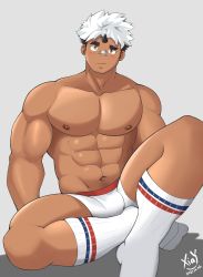 Rule 34 | 1boy, abs, absurdres, akiha gongen (housamo), bandaid, bandaid on face, bandaid on nose, bara, blush, boxers, bulge, dark-skinned male, dark skin, facial hair, goatee, highres, horns, kneehighs, large pectorals, crossed legs, looking at viewer, male focus, male underwear, multicolored hair, muscular, muscular male, navel, navel hair, nipples, pectorals, scar, scar across eye, scar on face, short hair, sideburns, single horn, sitting, socks, solo, stomach, stubble, thick eyebrows, thick thighs, thighs, tokyo houkago summoners, topless male, two-tone hair, underwear, underwear only, white hair, white male underwear, xiayangart