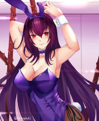 Rule 34 | 1girl, animal ears, aona (anagasaki), arm behind head, armpits, arms up, blush, breasts, closed mouth, detached collar, fake animal ears, fate/grand order, fate (series), fishnet pantyhose, fishnets, gae bolg (fate), hair between eyes, highleg, highleg leotard, highres, large breasts, leotard, long hair, looking at viewer, official alternate costume, pantyhose, playboy bunny, polearm, purple hair, purple leotard, rabbit ears, red eyes, scathach (fate), scathach (piercing bunny) (fate), smile, spear, thighs, weapon, wrist cuffs