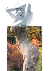 Rule 34 | 1girl, absurdres, armpits, artist name, blush, breasts, cleavage, closed mouth, collarbone, hands in hair, highres, large breasts, long hair, looking at viewer, monochrome, original, photo-referenced, sketch, smile, solo, tree, z666ful