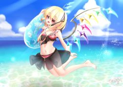 Rule 34 | 1girl, absurdres, bare legs, bare shoulders, barefoot, beach, black ribbon, black sarong, blonde hair, blue innertube, blue sky, blush, bow, bra, bracelet, breasts, cloud, commentary request, crystal, fang, flandre scarlet, hair bow, highres, holding, holding swim ring, innertube, jewelry, jumping, light rays, navel, ocean, open mouth, panties, pink bra, pink panties, red eyes, ribbon, rina sukareltuto, sarong, short hair, side ponytail, signature, sky, slit pupils, small breasts, stomach, sunbeam, sunlight, swim ring, swimsuit, touhou, underwear, water, wings