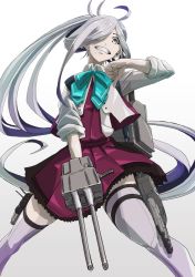 Rule 34 | 1girl, ahoge, asashimo (kancolle), asashimo kai ni (kancolle), boushi-ya, dress, from below, gradient hair, grey eyes, grey hair, hair over one eye, halterneck, highres, holding, holding turret, kantai collection, long hair, looking at viewer, looking down, multicolored hair, ponytail, purple dress, purple thighhighs, school uniform, simple background, sleeves rolled up, solo, thighhighs, turret, white background