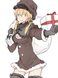 Rule 34 | 10s, 1girl, alternate costume, anchor hair ornament, bad id, bad pixiv id, black gloves, black santa costume, blonde hair, blue eyes, box, brown dress, christmas, cowboy shot, dress, fur trim, gift, gift box, gloves, hair ornament, hat, kaika, kantai collection, looking at viewer, over shoulder, peaked cap, prinz eugen (kancolle), sack, santa costume, santa hat, simple background, smile, solo, thighhighs, twintails, white background