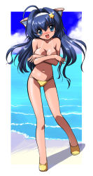 Rule 34 | 1girl, animal ears, beach, bikini, bikini tan, blue eyes, blue hair, blush, breast hold, breasts squeezed together, breasts, cat ears, cat girl, cleavage, cloud, collarbone, covering privates, covering breasts, csy, day, hair ornament, hairband, long hair, looking at viewer, medium breasts, navel, ocean, open mouth, sand, shoes, sky, smile, solo, standing, star (symbol), star hair ornament, swimsuit, tan, tanline, topless, water, yellow bikini, yellow footwear