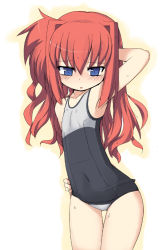 Rule 34 | 00s, 1girl, armpits, blue eyes, blush, eyebrows, female focus, flat chest, long hair, lyrical nanoha, mahou shoujo lyrical nanoha, mahou shoujo lyrical nanoha a&#039;s, mamo williams, one-piece swimsuit, red hair, school swimsuit, simple background, solo, swimsuit, vita (nanoha)