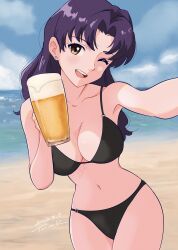 Rule 34 | 1girl, 2023, absurdres, alcohol, ass, beach, beer can, bikini, black bikini, blue sky, breasts, brown eyes, can, cleavage, cloud, cloudy sky, dated, drink can, earrings, female focus, from above, highres, jewelry, katsuragi misato, large breasts, legs together, long hair, looking at viewer, navel, neon genesis evangelion, ocean, one eye closed, outside border, purple hair, scar, scar on chest, selfie, shiny skin, sky, smile, solo, strapless, strapless bikini, swimsuit, tsunemoku, wading, water, wide hips, wink