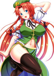 Rule 34 | 1girl, arm up, black thighhighs, blue eyes, braid, breasts, ebi 193, female focus, hat, hong meiling, huge breasts, large breasts, long hair, looking at viewer, navel, open mouth, puffy short sleeves, puffy sleeves, red hair, shirt, short sleeves, side slit, skirt, skirt set, smile, solo, standing, standing on one leg, star (symbol), thighhighs, thighs, touhou, twin braids, very long hair, vest