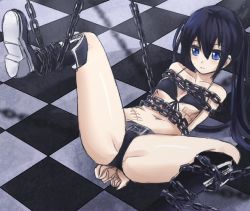 Rule 34 | 10s, 1girl, arms behind back, bdsm, black rock shooter, black rock shooter (character), blue eyes, bondage, bound, chain, female focus, jitan777, long hair, md5 mismatch, resized, shorts, solo, spread legs