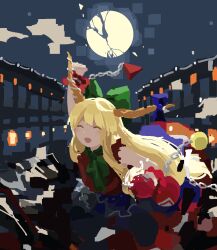 Rule 34 | 1girl, alternate color, blonde hair, blush stickers, broken moon, closed eyes, commentary request, fangs, flat chest, green ribbon, happy, highres, horns, ibuki suika, kaigen 1025, lantern, long hair, moon, neck ribbon, night, night sky, open mouth, paper lantern, red shirt, red wrist cuffs, ribbon, shirt, sketch, sky, sleeveless, sleeveless shirt, smile, solo, straight hair, touhou, wrist cuffs