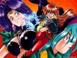 Rule 34 | 1990s (style), 3girls, ahoge, blue eyes, blue hair, blush, boots, breasts, cape, dated, earrings, gloves, happy, jewelry, large breasts, lina inverse, lipstick, long hair, looking at viewer, magic, makeup, mizuki hitoshi, multiple girls, naga the serpent, necklace, open mouth, pants, purple eyes, purple hair, red eyes, red hair, retro artstyle, sarina, simple background, slayers, smile