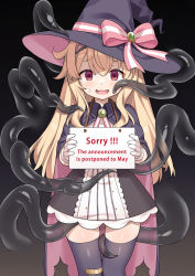 Rule 34 | 1girl, absurdres, bandaid, bandaid on knee, bandaid on leg, black background, black thighhighs, blonde hair, bow, brooch, cape, collared cape, commentary request, empty eyes, english text, frilled hairband, frills, gloves, grey background, hairband, hands up, hat, hat bow, hat ribbon, highres, holding, holding sign, jewelry, little witch nobeta, long hair, looking at viewer, nobeta, official art, open mouth, pink bow, pink hair, pink ribbon, red eyes, ribbon, sign, sign around neck, simple background, solo, straight-on, sweat, tearing up, tentacles, tentacles under clothes, thighhighs, wavy mouth, white gloves, witch hat