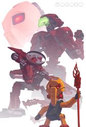 Rule 34 | absurdres, age progression, bionicle, character name, fire, glowing, glowing eye, green eyes, highres, holding, holding staff, humanoid robot, kanohi (bionicle), lim donghyun, looking up, matoran language, no humans, red eyes, robot, staff, the lego group, vakama (bionicle)