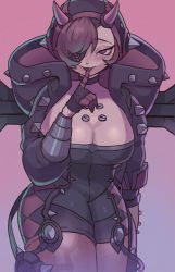 Rule 34 | 1girl, apex legends, black bodysuit, black jacket, blush, bodysuit, breasts, cleavage, curvy, cyber punked wattson, eyepatch, finger to mouth, highres, hood, hooded bodysuit, hooded jacket, horns, jacket, kabiyapyo, large breasts, official alternate costume, one eye covered, pink eyes, pink hair, purple background, shushing, smile, solo, thick thighs, thighs, wattson (apex legends)