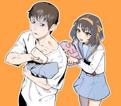 Rule 34 | 1boy, 1girl, 1other, blouse, blue skirt, blush, bottle, brown eyes, brown hair, collarbone, dugnul, fingernails, hair ribbon, hatching (texture), highres, holding, holding baby, holding bottle, holding person, holding pillow, kyon, looking at another, looking back, lower teeth only, medium hair, milk, aged up, open mouth, orange background, outline, parted lips, pillow, poking, ribbon, school uniform, shirt, simple background, skirt, suzumiya haruhi, suzumiya haruhi no yuuutsu, sweat, t-shirt, teeth, uniform, white outline, white shirt, yellow ribbon, yes-no pillow