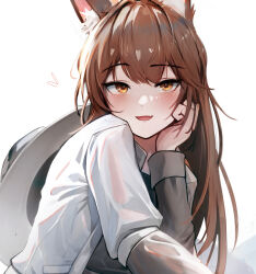 Rule 34 | 1girl, :d, animal ears, arknights, brown eyes, brown hair, commentary request, fox ears, franka (arknights), grey shirt, highres, jacket, krirk, long hair, long sleeves, looking at viewer, open clothes, open jacket, open mouth, shirt, smile, solo, upper body, very long hair, white background, white jacket