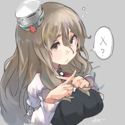 Rule 34 | 1girl, bad id, bad twitter id, brown eyes, commentary, grey background, grey hair, hat, highres, kantai collection, looking at viewer, mini hat, pola (kancolle), shirt, signature, simple background, solo, spoken x, sunday aki, symbol-only commentary, tilted headwear, upper body, wavy hair, white hat, white shirt, x
