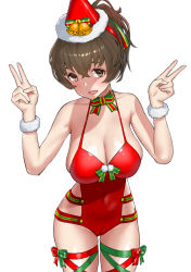Rule 34 | 1girl, breasts, brown eyes, brown hair, christmas, cleavage, covered navel, double v, girls und panzer, girls und panzer senshadou daisakusen!, green ribbon, hair ribbon, hat, highres, koyama yuzu, large breasts, leg ribbon, leotard, looking at viewer, medium hair, multicolored ribbon, neck ribbon, official alternate costume, open mouth, party hat, red hat, red leotard, red ribbon, ribbon, short ponytail, simple background, skindentation, smile, solo, standing, v, white background, yamano rita