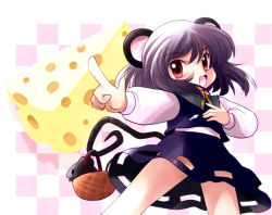 Rule 34 | 1girl, animal ears, basket, cheese, female focus, food, hand on another&#039;s chest, hand on own chest, highres, mouse (animal), mouse ears, mouse tail, nazrin, pointing, red eyes, short hair, solo, tail, touhou, translated, yume shokunin