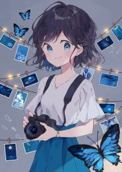 Rule 34 | 1girl, absurdres, black hair, blue butterfly, blue eyes, blue hair, blue skirt, blue theme, blush, braid, bug, butterfly, camera, camera around neck, colored inner hair, crown braid, earrings, grey shirt, highres, holding, holding camera, insect, jewelry, looking at viewer, multicolored hair, napo (napo illust), original, photo (object), shirt, shirt tucked in, short hair, skirt, solo