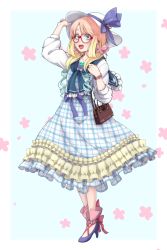 Rule 34 | 1girl, :d, absurdres, ankle ribbon, bag, blonde hair, blue eyes, blue footwear, blue hair, blue ribbon, butterfly hair ornament, dress, drill hair, eyebrows, frilled dress, frills, full body, glasses, gradient hair, hair ornament, handbag, haruno sora, hat, hat ribbon, high heels, highres, leg ribbon, long dress, long hair, long sleeves, multicolored hair, open mouth, parted bangs, plaid, plaid dress, red-framed eyewear, red ribbon, ribbon, sash, shoes, smile, solo, standing, twin drills, usui ryuusan, vocaloid, voiceroid
