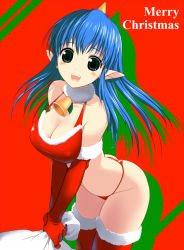 Rule 34 | 1girl, :d, bell, blue hair, blush, breasts squeezed together, breasts, christmas, cleavage, elbow gloves, covered erect nipples, fang, gloves, green eyes, hima, horns, large breasts, looking at viewer, momotarou densetsu, open mouth, pointy ears, red gloves, santa costume, single horn, smile, solo, thighhighs, yashahime (momotarou densetsu)