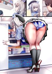Rule 34 | 10s, 1boy, 1girl, :d, ass, barcode scanner, bent over, breasts, clerk, collared shirt, dress shirt, employee uniform, from behind, hat, high heels, image sample, kantai collection, kashima (kancolle), kneepits, large breasts, lawson, md5 mismatch, miniskirt, open mouth, panties, pleated skirt, resized, resolution mismatch, sequential, shelf, shirt, short sleeves, silver hair, skirt, smile, solo focus, source larger, souryu, standing, twintails, underwear, uniform, upskirt, wavy hair