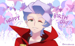 Rule 34 | 1girl, arikindows10, artist name, cape, croix meridies, dated, green eyes, happy birthday, little witch academia, looking at viewer, one eye closed, purple hair, short hair, signature, simple background, smile, solo, upper body