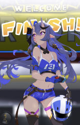 Rule 34 | 1girl, absurdres, alternate costume, bare shoulders, belt, black choker, black gloves, blue shorts, bow, choker, detached sleeves, eyeshadow, facepaint, fang, fang out, floating hair, gloves, grey hair, hair between eyes, hair bow, hair tubes, helmet, highres, horns, long hair, looking back, makeup, midriff, mole, mole under mouth, motorcycle helmet, navel, nijisanji, nintendo switch, pointy ears, purple eyes, rindou mikoto, rope, shimenawa, short shorts, short sleeves, shorts, skin-covered horns, smile, solo, sports bra, super h2o, thigh mole, thigh strap, thighhighs, very long hair, virtual youtuber