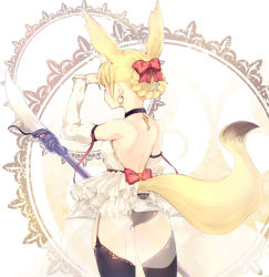 Rule 34 | 1girl, animal ears, ass, black panties, black thighhighs, blonde hair, bow, braid, choker, earrings, elin, fox ears, fox tail, from behind, garter straps, glaive (polearm), hair bow, jewelry, panties, polearm, see-through, solo, spear, subachi, tail, tera online, thighhighs, underwear, weapon